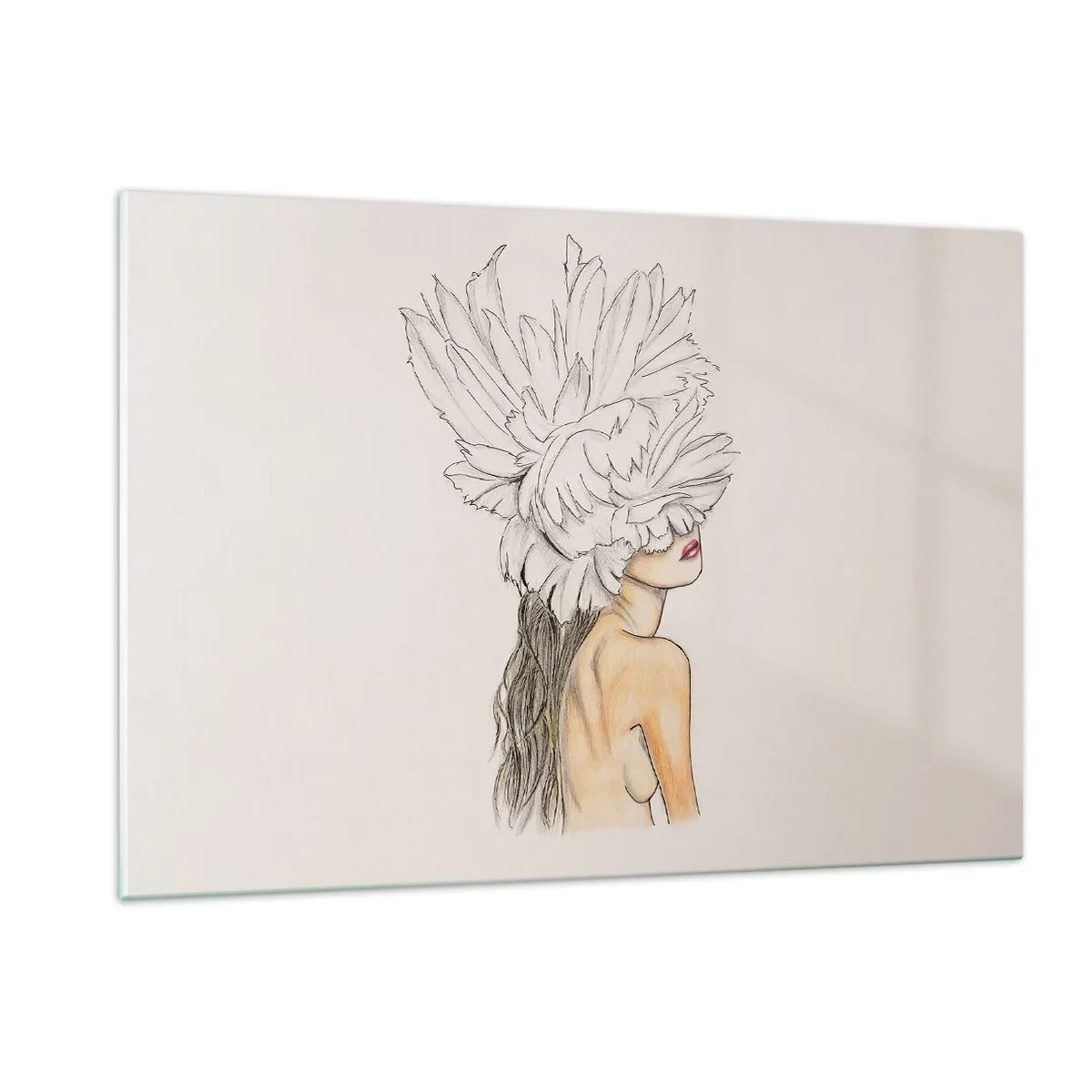 Glasbild - Bild auf glas - Eine Zeichnung einer Frau mit langen Haaren und einer Krone aus großen Federn - 120x80cm - Gekrönte Schönheit - Moderne Wanddekoration für Wohnzimmer und Schlafzimmer ARTTOR