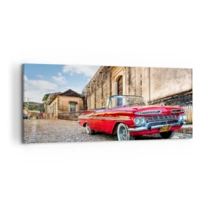 Bild auf Leinwand - Leinwandbild - Roter Oldtimer auf einer Kopfsteinpflasterstraße - 120x50cm - Kubanische Emotionen - Moderne Wanddekoration für Wohnzimmer und Schlafzimmer ARTTOR