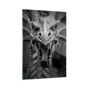 Glasbild - Bild auf glas - Detailliertes Porträt eines Drachen in Schwarzweiß - 50x70cm - Ein märchenhafter Drache in Grau - Moderne Wanddekoration für Wohnzimmer und Schlafzimmer ARTTOR