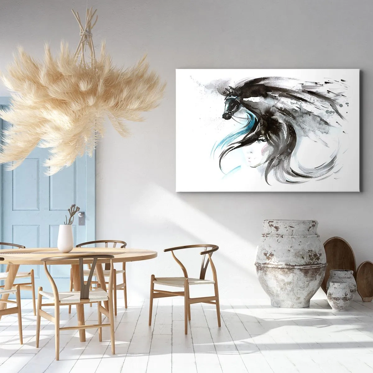 Bild auf Leinwand - Leinwandbild - Eine Frau und ein Pferd in einem mystischen Aquarell voller Dynamik - 120x80cm - Schwarzer Prinz Galopp - Moderne Wanddekoration für Wohnzimmer und Schlafzimmer ARTTOR
