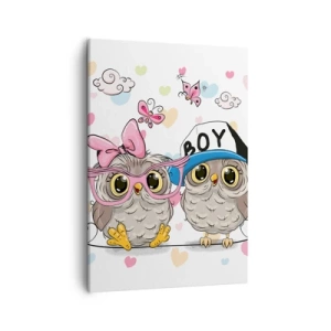 Bild auf Leinwand - Leinwandbild - Zwei entzückende Eulen, umgeben von Herzen - 50x70cm - Lass uns Liebe machen! - Moderne Wanddekoration für Wohnzimmer und Schlafzimmer ARTTOR