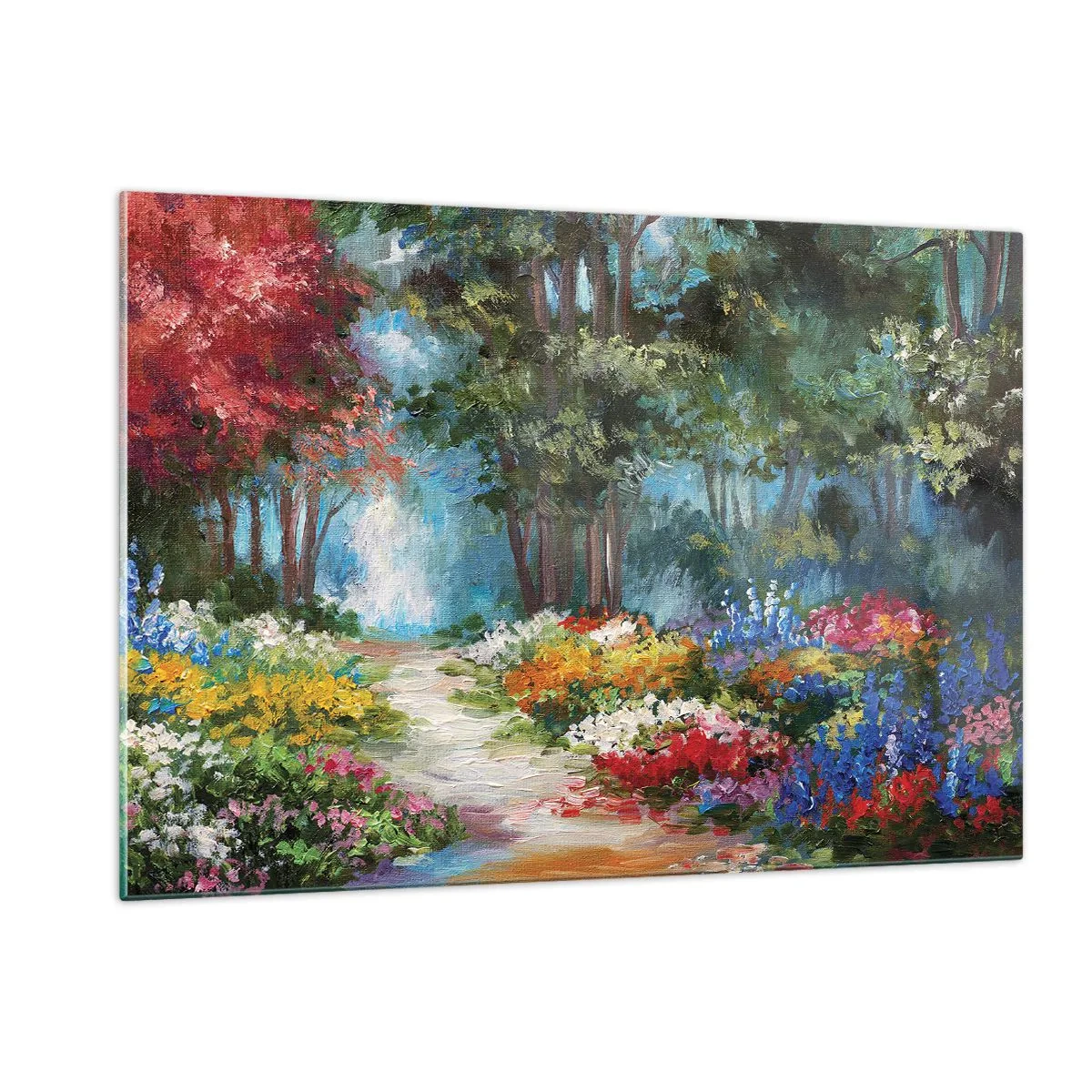 Glasbild - Bild auf glas - Ein farbenfroher Waldgarten mit blühenden Blumen - 120x80cm - Waldgarten, Blumenwald - Moderne Wanddekoration für Wohnzimmer und Schlafzimmer ARTTOR
