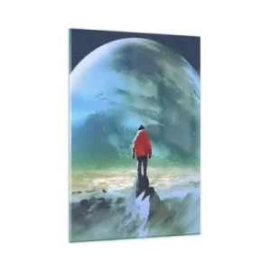 Glasbild - Bild auf glas - Ein Mann in einer roten Jacke steht vor einem großen Planeten mit Sternen im Hintergrund. - 80x120cm - Entdecker des neuen Landes - Moderne Wanddekoration für Wohnzimmer und Schlafzimmer ARTTOR