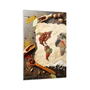 Glasbild - Bild auf glas - Eine Weltkarte aus Gewürzen auf einem hölzernen Hintergrund. - 70x100cm - Alle Aromen der Welt - Moderne Wanddekoration für Wohnzimmer und Schlafzimmer ARTTOR