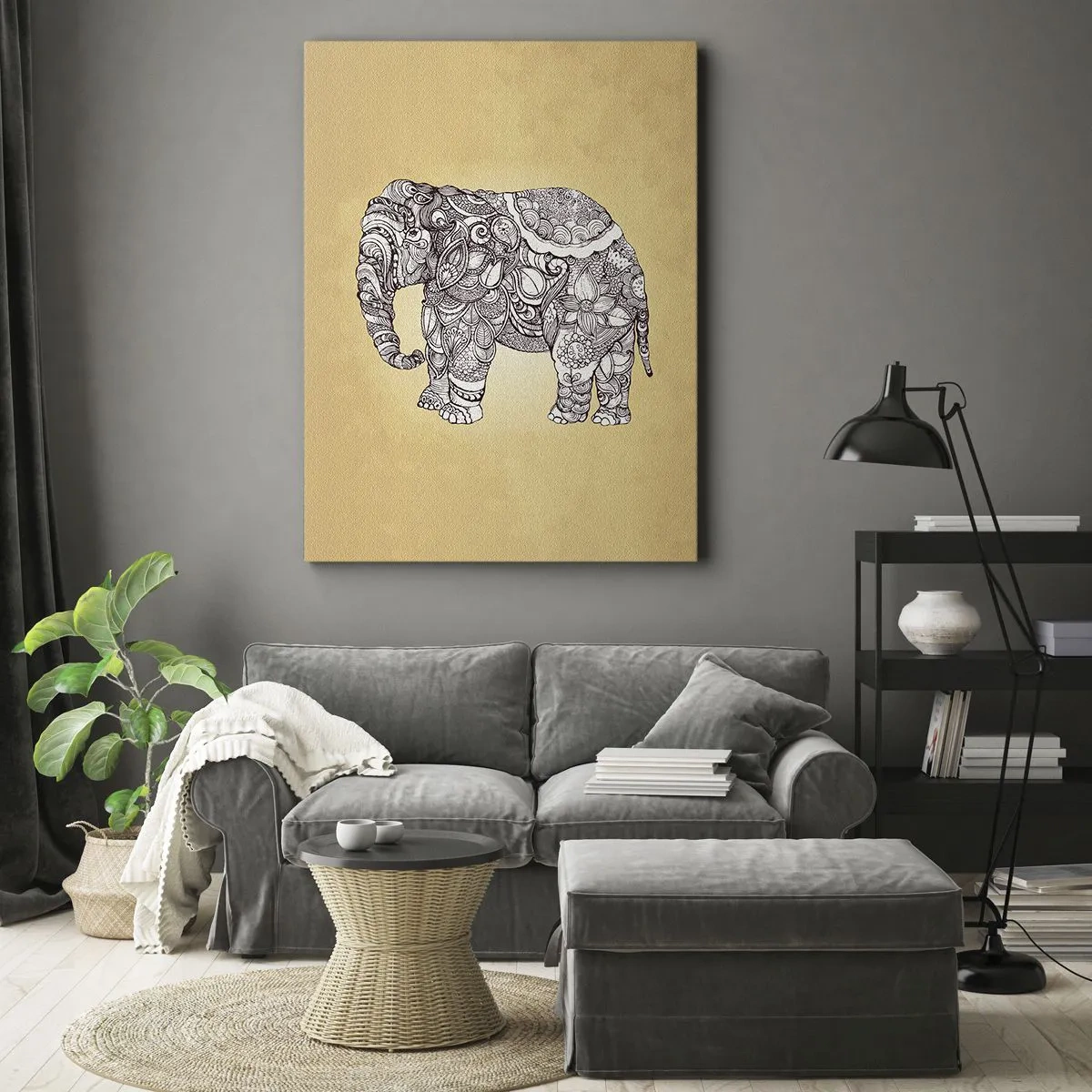 Bild auf Leinwand - Leinwandbild - Handgezeichneter Elefant mit kunstvollem Muster auf beigem Hintergrund - 70x100cm - Elefant verhüllte sich - Moderne Wanddekoration für Wohnzimmer und Schlafzimmer ARTTOR