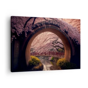 Bild auf Leinwand - Leinwandbild - Eine traditionelle japanische Brücke, umgeben von Kirschblüten - 70x50cm - Japanischer Frühling - Moderne Wanddekoration für Wohnzimmer und Schlafzimmer ARTTOR