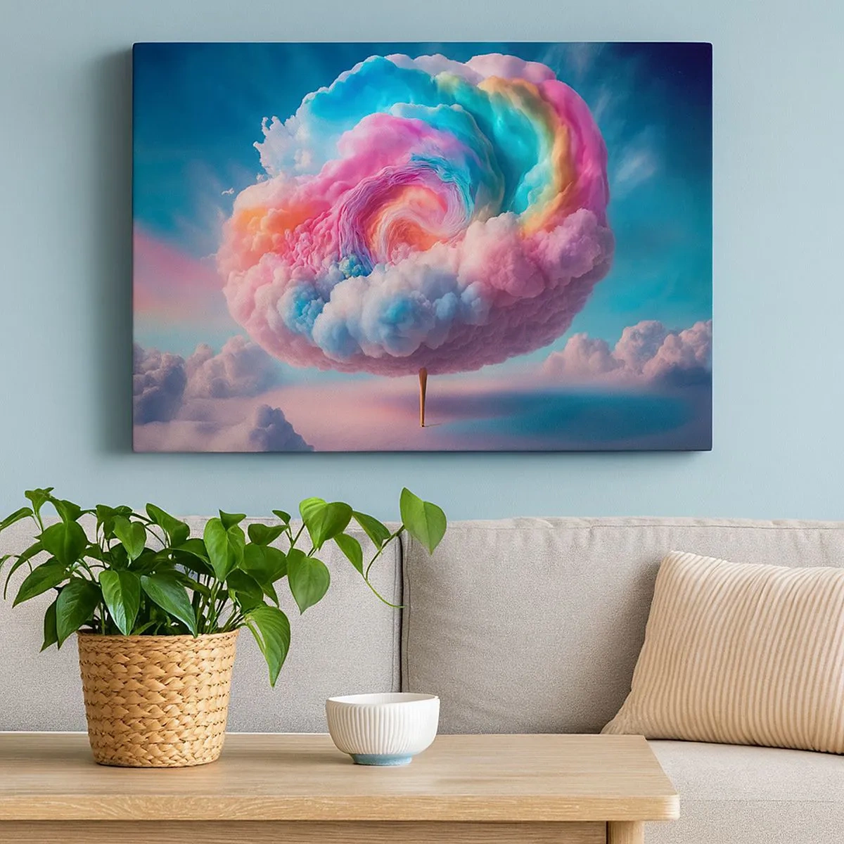 Bild auf Leinwand - Leinwandbild - Eine spiralförmige Wolke mit Pastellfarben am Himmel - 70x50cm - Traum von einem Vergnügungspark - Moderne Wanddekoration für Wohnzimmer und Schlafzimmer ARTTOR