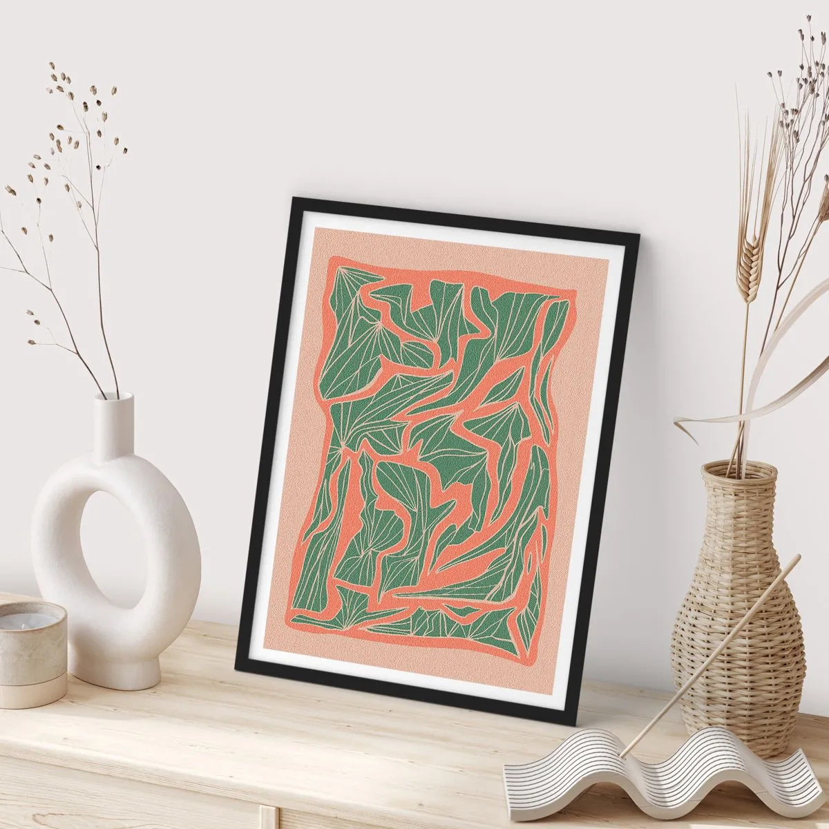 Poster in einem schwarzem Rahmen - Kampf zwischen Korallen und Grün - 30x40 cm