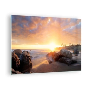 Glasbild - Bild auf glas - Sonnenuntergang über dem Meer mit Steinen am Ufer - 70x50cm - Leuchtende Brise des Abends - Moderne Wanddekoration für Wohnzimmer und Schlafzimmer ARTTOR