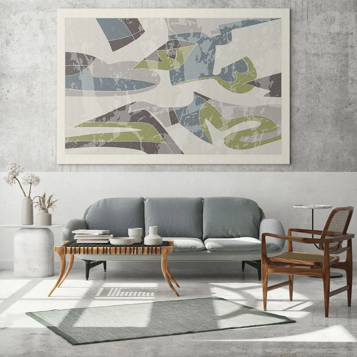 Glasbild - Bild auf glas - Geometrische Komposition in Grün und Grau - 70x50cm - Komposition hinter dem Glas - Moderne Wanddekoration für Wohnzimmer und Schlafzimmer ARTTOR