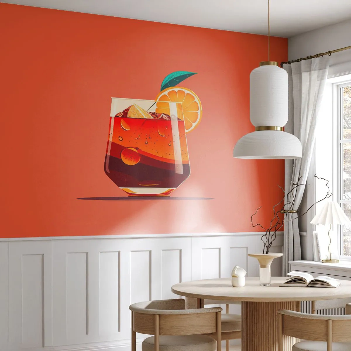 Fototapete Premium Sand - Ein Glas Sommergetränk mit einer Orange auf korallenfarbenem Hintergrund - 100x70cm - Sommerliche Erfrischung - Moderne Wanddekoration für Wohnzimmer und Schlafzimmer ARTTOR
