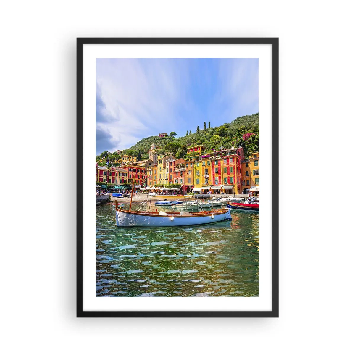 Poster in einem schwarzem Rahmen - Hafenszene mit bunten Gebäuden und Booten - 50x70cm - Italienischer Morgen - Moderne Wanddekoration für Wohnzimmer und Schlafzimmer ARTTOR