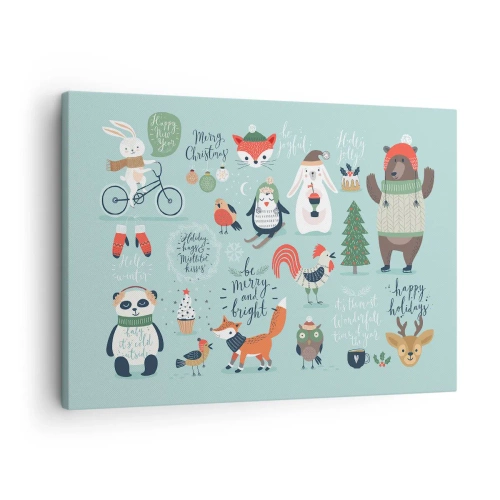 Bild auf Leinwand - Leinwandbild - Weihnachtsillustration von Tieren in winterlicher Atmosphäre - 70x50cm - Möge es immer Weihnachten sein! - Moderne Wanddekoration für Wohnzimmer und Schlafzimmer ARTTOR