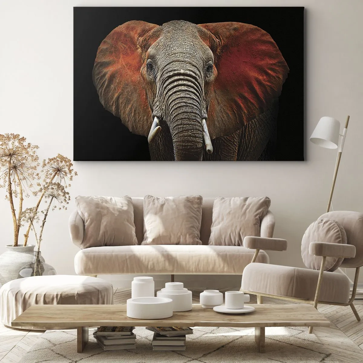 Bild auf Leinwand - Leinwandbild - Porträt eines Elefanten auf schwarzem Hintergrund - 70x50cm - Ich bin wild und du? - Moderne Wanddekoration für Wohnzimmer und Schlafzimmer ARTTOR