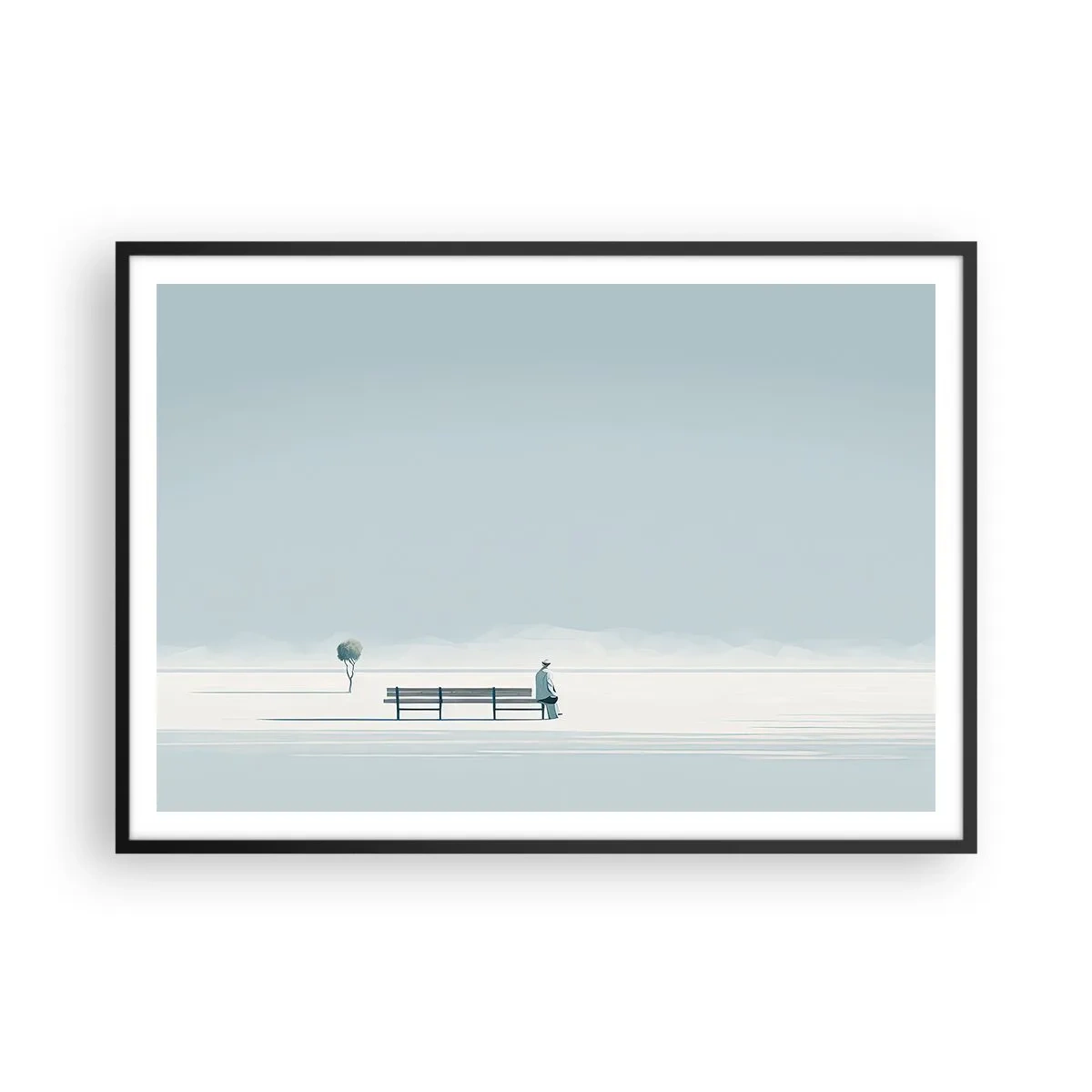 Poster in einem schwarzem Rahmen - Eine Person, die auf einer Bank in einer minimalistischen Landschaft sitzt - 100x70cm - Ja, ich warte. - Moderne Wanddekoration für Wohnzimmer und Schlafzimmer ARTTOR