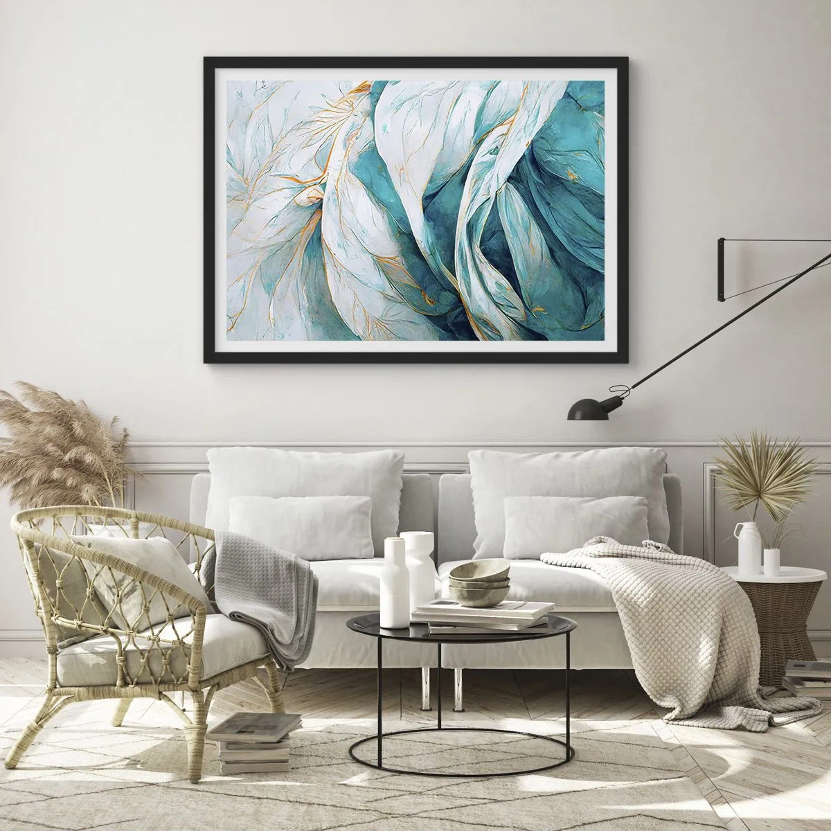 Poster in einem schwarzem Rahmen - Abstrakte blaue Blätter mit goldenen Details - 70x50cm - Blaue Abstraktion mit goldenem Motiv - Moderne Wanddekoration für Wohnzimmer und Schlafzimmer ARTTOR