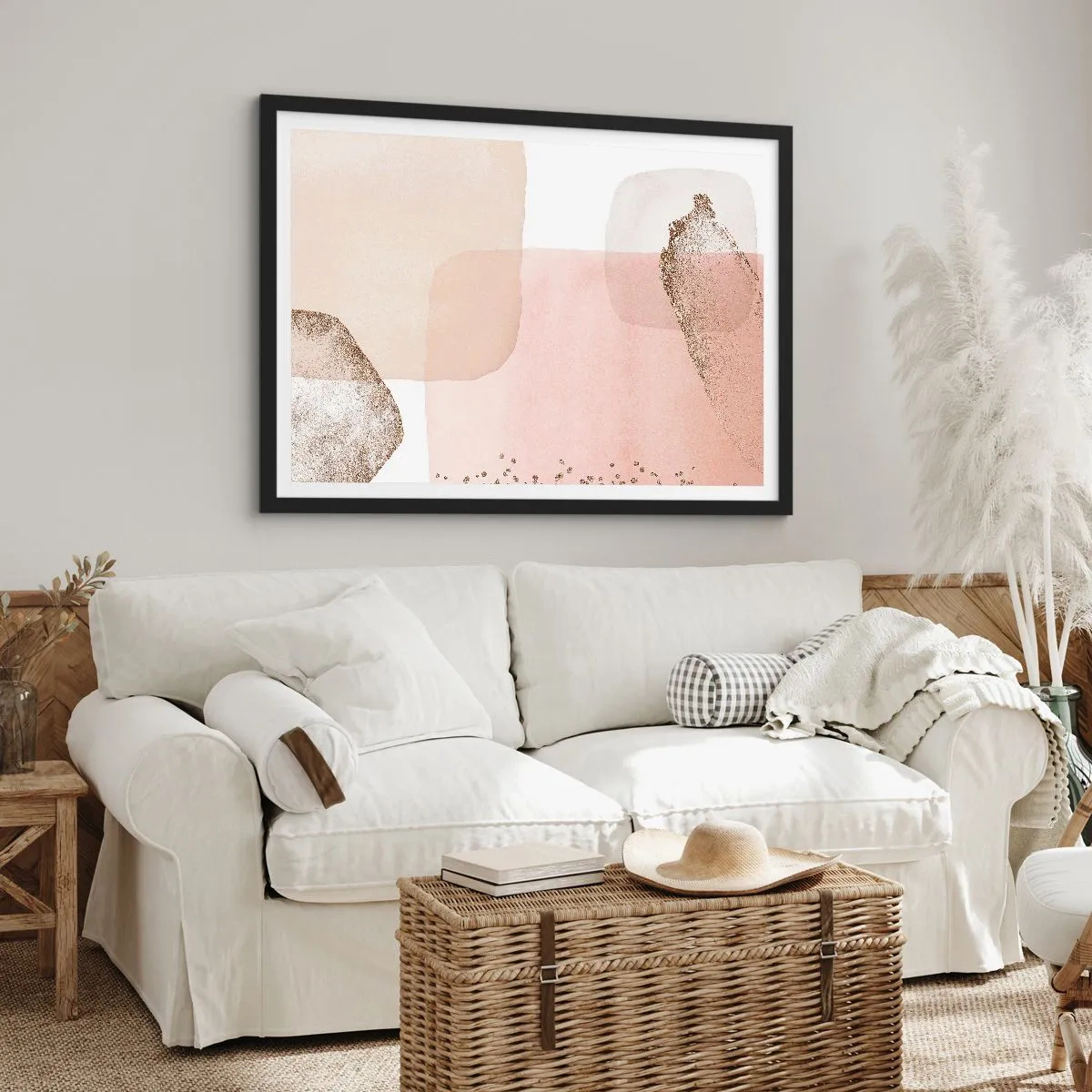 Poster in einem schwarzem Rahmen - Pastellfarbene Flecken mit goldenen Elementen - 100x70cm - Ein Blick durch die Farbe - Moderne Wanddekoration für Wohnzimmer und Schlafzimmer ARTTOR