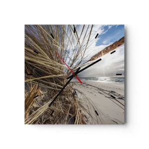 Wanduhr - Glasuhr - Ein Strand mit trockenem Gras auf den Dünen und Blick auf das Meer - 30x30cm - Ein Treffen der Elemente der Natur - Moderne Wanddekoration für Wohnzimmer und Schlafzimmer ARTTOR