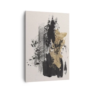Bild auf Leinwand - Leinwandbild - Ein abstraktes Gemälde in Schwarz und Gold mit dynamischen Linien und Strukturen. - 70x100cm - Komposition mit Leidenschaft - Moderne Wanddekoration für Wohnzimmer und Schlafzimmer ARTTOR