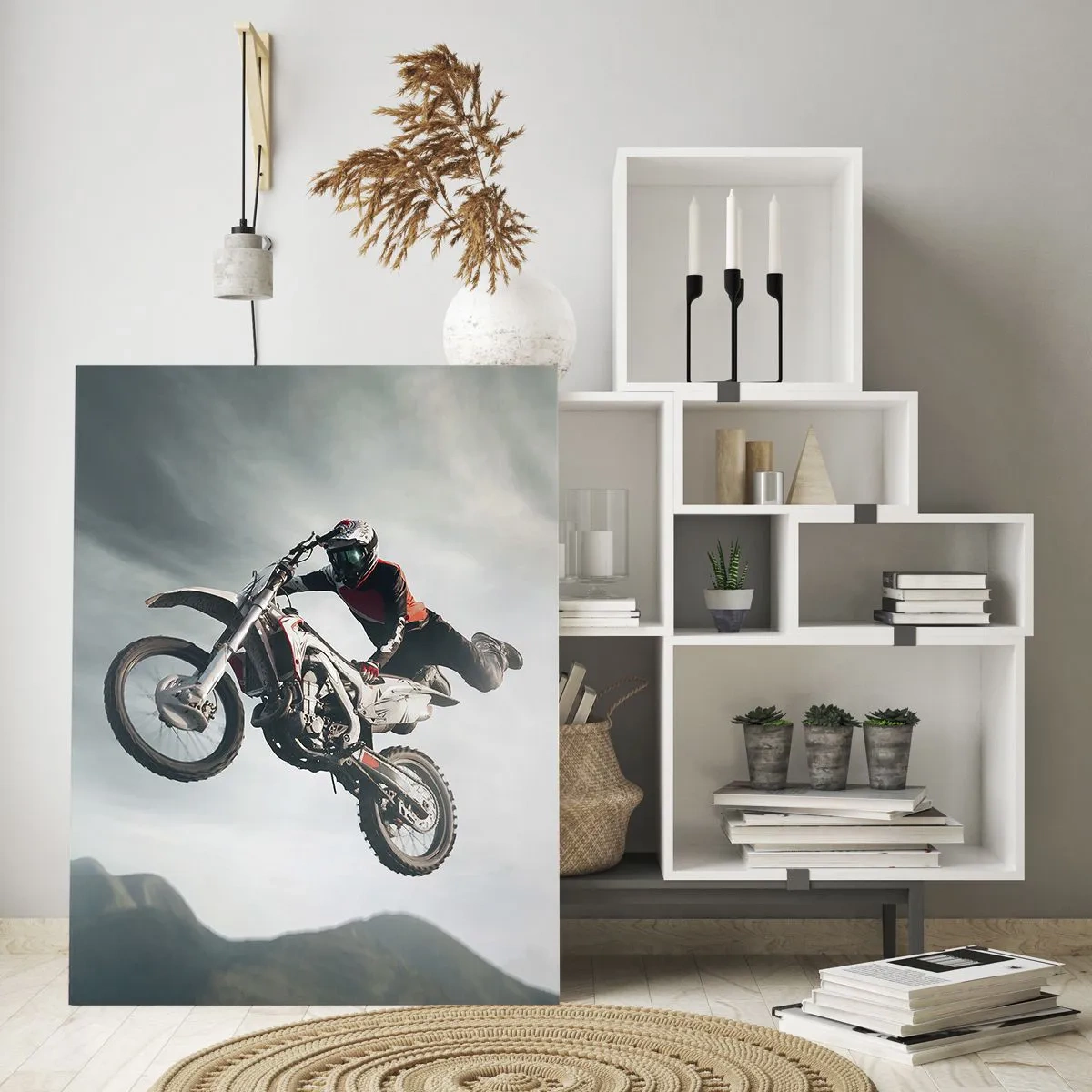 Glasbild - Bild auf glas - Motorradfahrer in der Luft bei einem Sprung - 80x120cm - Kein Spaß ohne Risiko - Moderne Wanddekoration für Wohnzimmer und Schlafzimmer ARTTOR