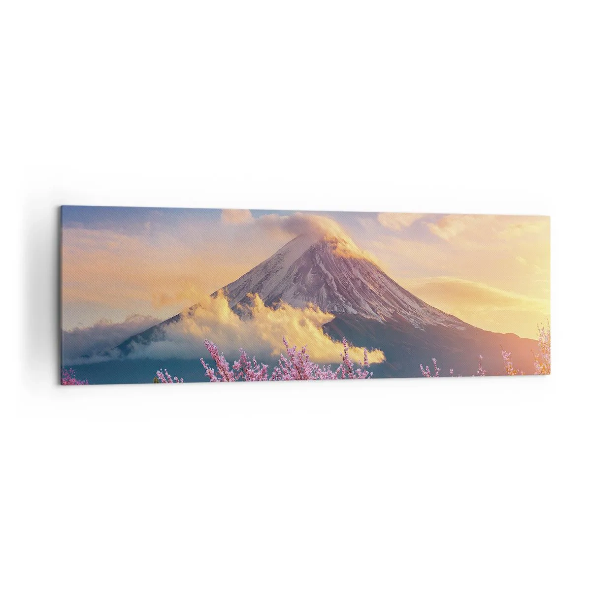 Bild auf Leinwand - Leinwandbild - Mount Fuji mit Kirschblüten im Hintergrund bei Sonnenuntergang - 160x50cm - Japanische Heiligkeit - Moderne Wanddekoration für Wohnzimmer und Schlafzimmer ARTTOR