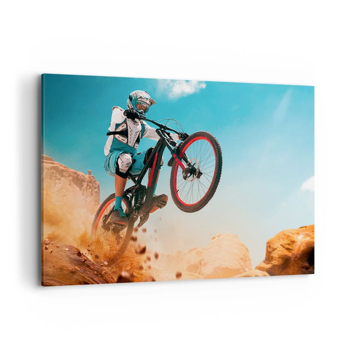 Bild auf Leinwand - Leinwandbild - Ein Mountainbiker macht einen Sprung vor einer Felskulisse - 120x80cm - Fahrrad-Wahnsinn-Dämon - Moderne Wanddekoration für Wohnzimmer und Schlafzimmer ARTTOR