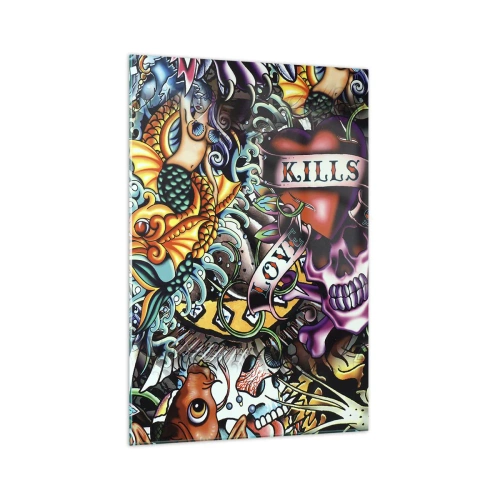 Glasbild - Bild auf glas - Farbenfrohe Kunstwerke im Tattoo-Stil mit Totenköpfen und nautischen Motiven - 70x100cm - Der Traum des Tätowierers - Moderne Wanddekoration für Wohnzimmer und Schlafzimmer ARTTOR