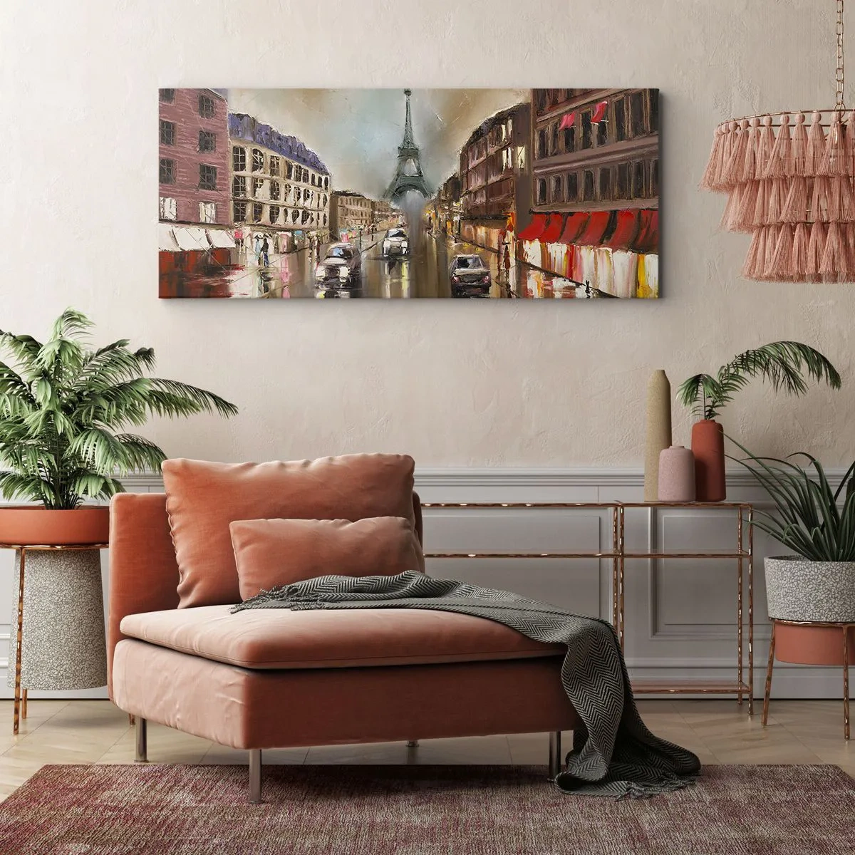 Bild auf Leinwand - Leinwandbild - Abendliches Straßenbild von Paris mit Blick auf den Eiffelturm - 140x50cm - Nur sie zählt - Moderne Wanddekoration für Wohnzimmer und Schlafzimmer ARTTOR
