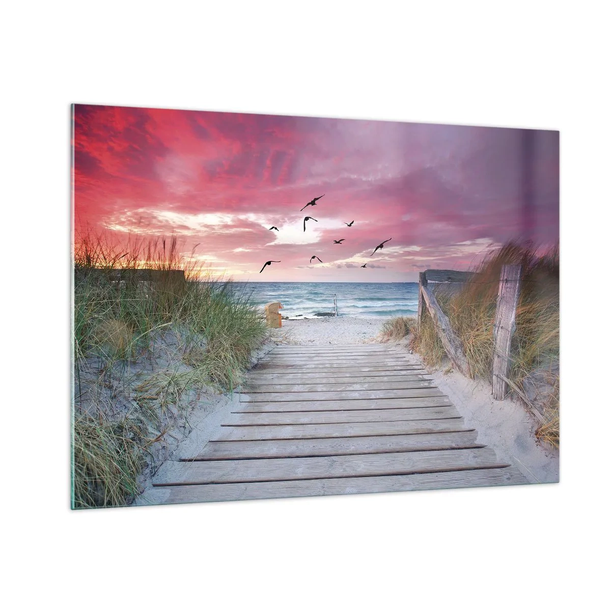 Glasbild - Bild auf glas - Weg zum Strand bei Sonnenuntergang mit fliegenden Vögeln - 100x70cm - Baltischer Eindruck - Moderne Wanddekoration für Wohnzimmer und Schlafzimmer ARTTOR