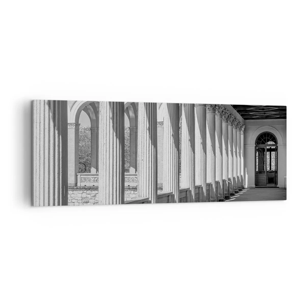 Bild auf Leinwand - Leinwandbild - Kolonnade im klassischen Stil in Schwarz und Weiß - 140x50cm - Sonnige Arkade - Moderne Wanddekoration für Wohnzimmer und Schlafzimmer ARTTOR