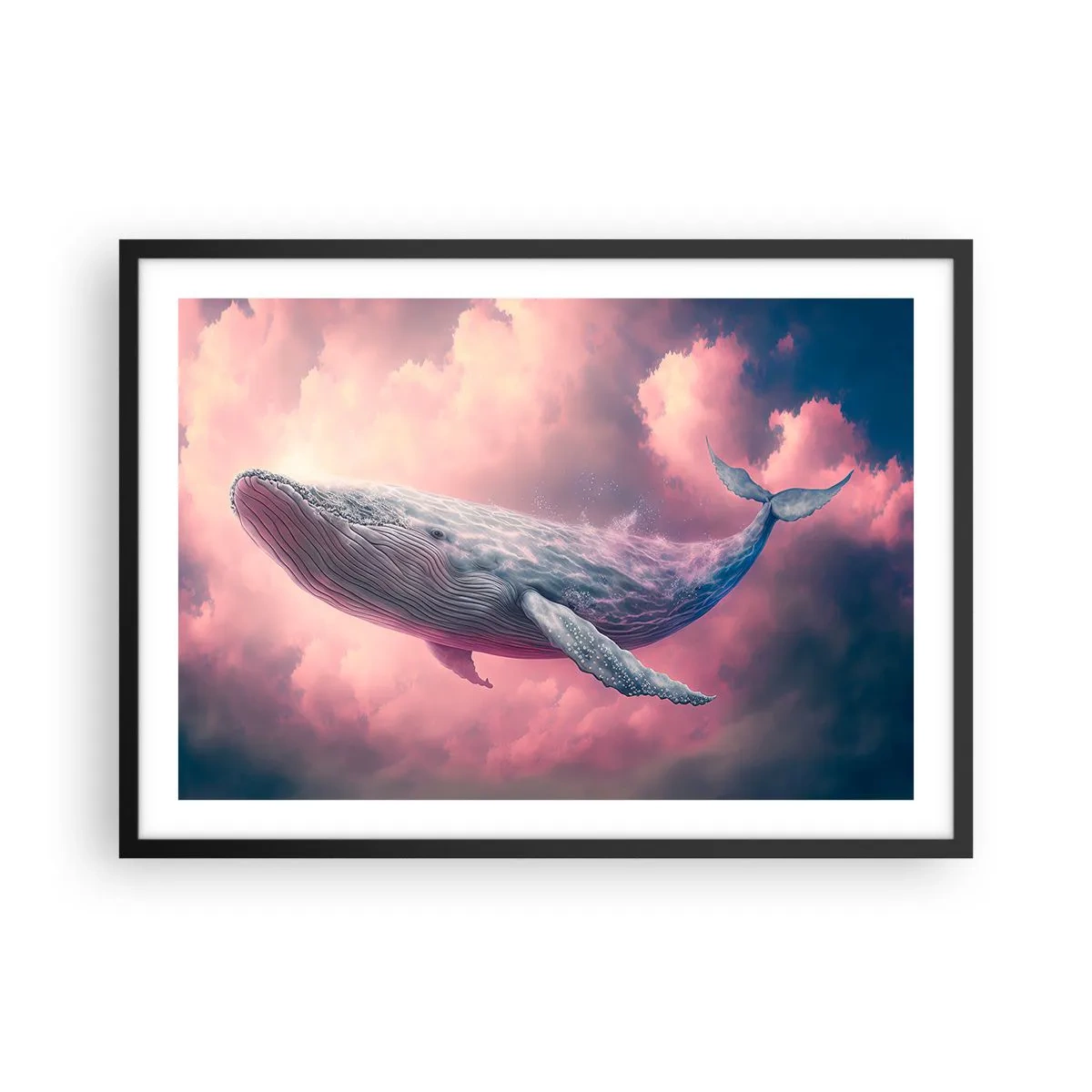 Poster in einem schwarzem Rahmen - Ein Wal, der bei Sonnenuntergang in den Wolken schwebt - 70x50cm - Reibe deine Augen - Moderne Wanddekoration für Wohnzimmer und Schlafzimmer ARTTOR