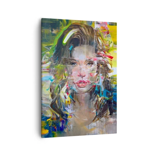 Bild auf Leinwand - Leinwandbild - Abstraktes Frauenporträt in intensiven Farben - 50x70cm - Hinter der Luft ein Vorhang - Moderne Wanddekoration für Wohnzimmer und Schlafzimmer ARTTOR