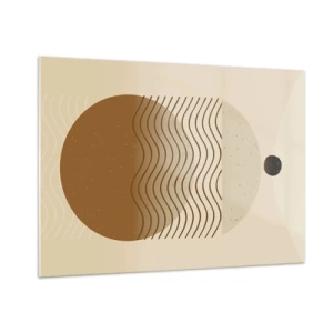 Glasbild - Bild auf glas - Geometrische Komposition mit Wellen und Kreisen in Beigetönen - 100x70cm - Zur Entstehung geometrischer Figuren - Moderne Wanddekoration für Wohnzimmer und Schlafzimmer ARTTOR