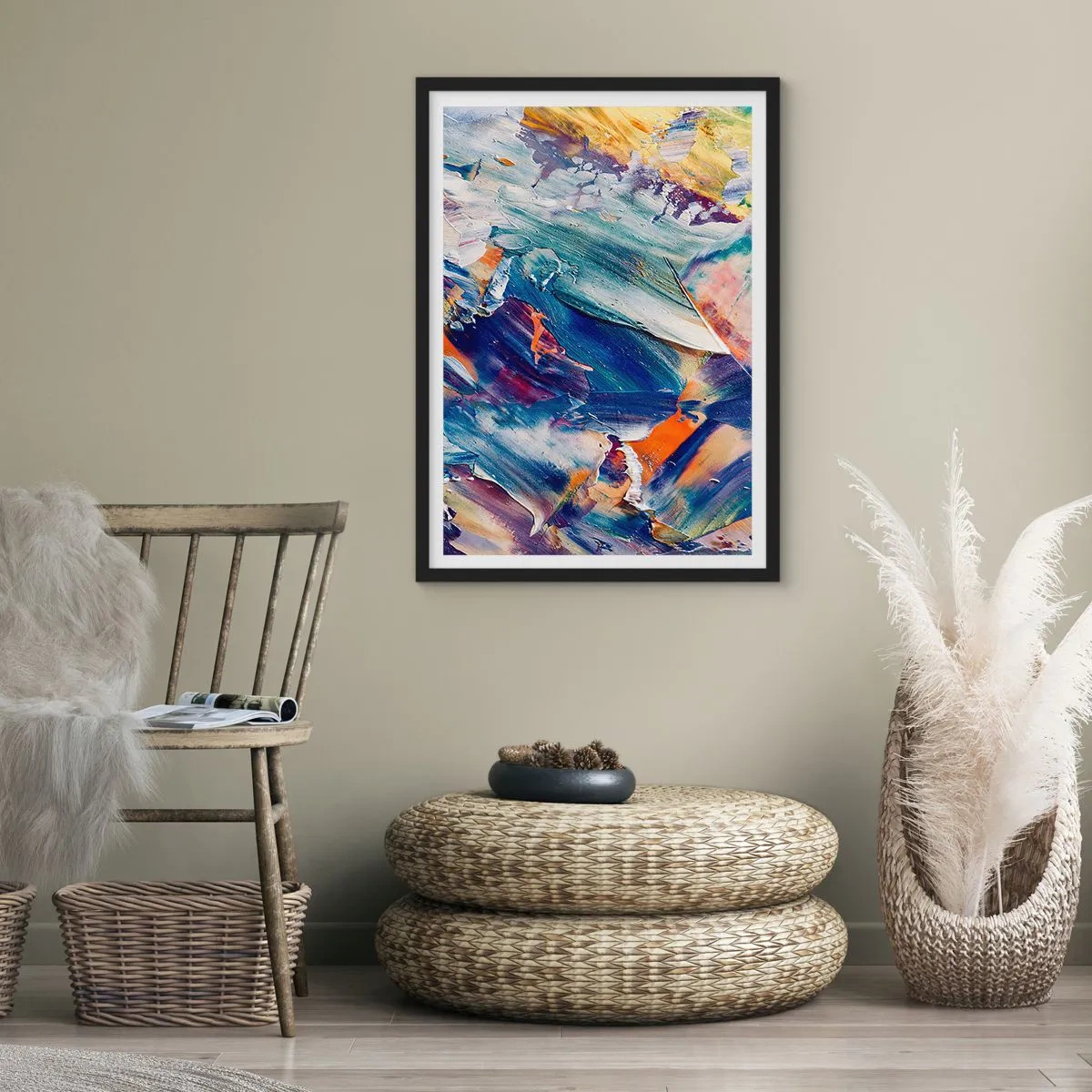 Poster in einem schwarzem Rahmen - Abstrakte Komposition mit bunten Pinselstrichen - 50x70cm - Farbverwirrung - Moderne Wanddekoration für Wohnzimmer und Schlafzimmer ARTTOR