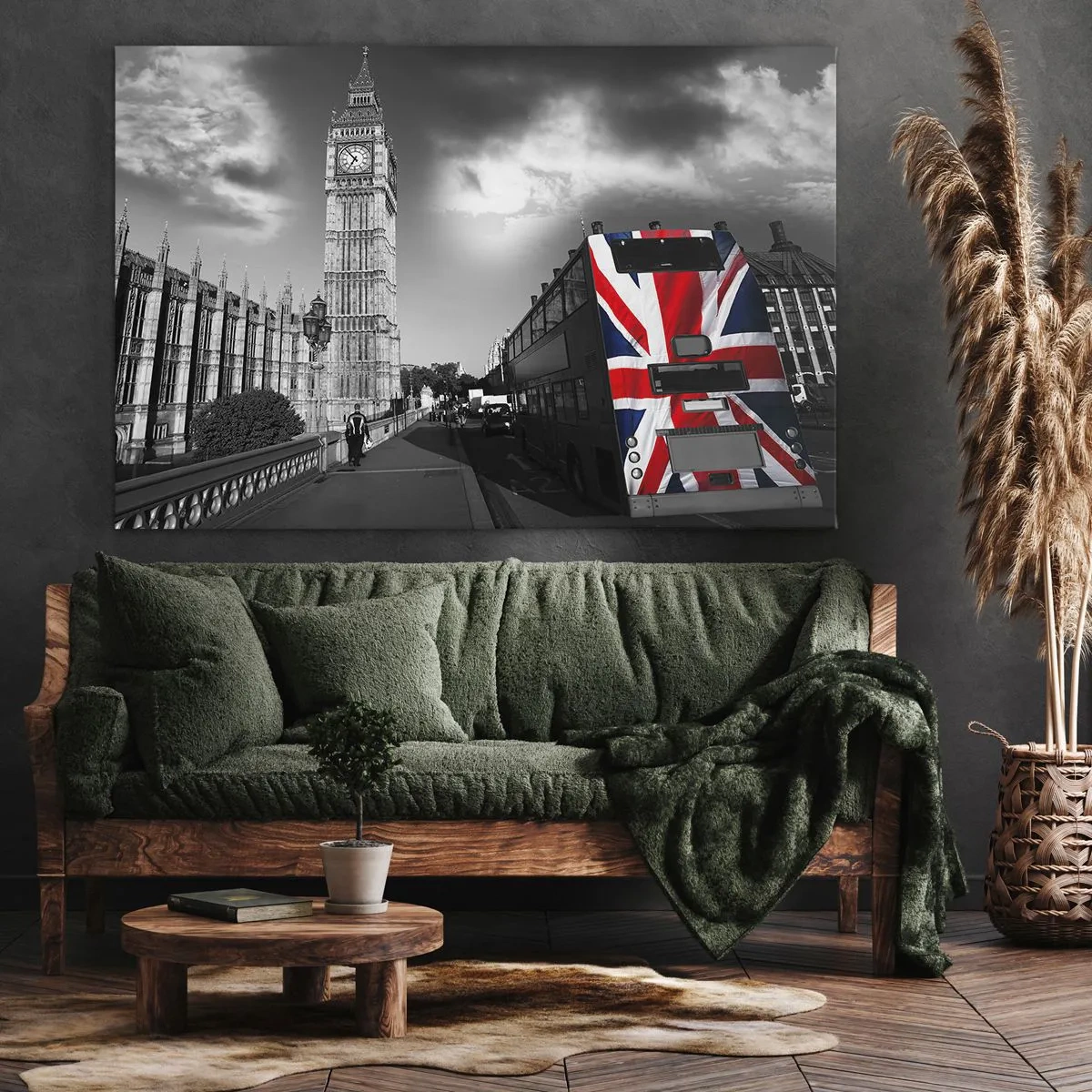 Bild auf Leinwand - Leinwandbild - Big Ben und ein Bus mit britischer Flagge vor schwarz-weißem Hintergrund - 70x50cm - Stolz und toll - Moderne Wanddekoration für Wohnzimmer und Schlafzimmer ARTTOR