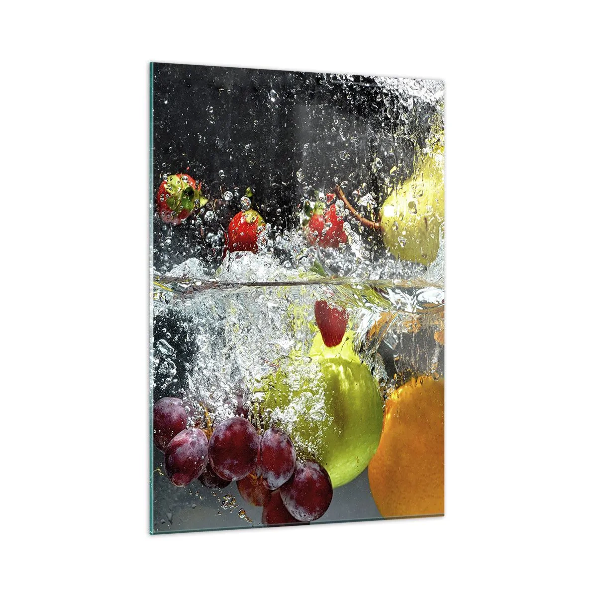 Glasbild - Bild auf glas - In Wasser getauchte Früchte mit dynamischen Spritzern - 50x70cm - Fruchterfrischung - Moderne Wanddekoration für Wohnzimmer und Schlafzimmer ARTTOR