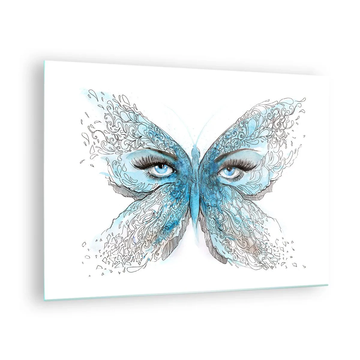 Glasbild - Bild auf glas - Ein Schmetterling mit blauen Flügeln und menschlichen Augen im künstlerischen Stil. - 70x50cm - Eros Blaumeise - Moderne Wanddekoration für Wohnzimmer und Schlafzimmer ARTTOR