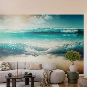 Fototapete Premium Sand - Türkisfarbene Meereswellen brechen an einem Sandstrand - 100x70cm - Frieden des Ozeans - Moderne Wanddekoration für Wohnzimmer und Schlafzimmer ARTTOR