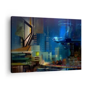 Bild auf Leinwand - Leinwandbild - Futuristische Stadt bei Nacht mit Neonlichtern und einem fliegenden Fahrzeug - 70x50cm - In naher Zukunft - Moderne Wanddekoration für Wohnzimmer und Schlafzimmer ARTTOR