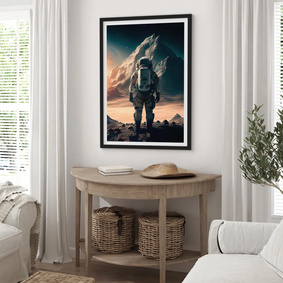 Poster in einem schwarzem Rahmen - Astronaut auf einem fremden Planeten im Sternenlicht - 50x70cm - Neue Herausforderung - Moderne Wanddekoration für Wohnzimmer und Schlafzimmer ARTTOR