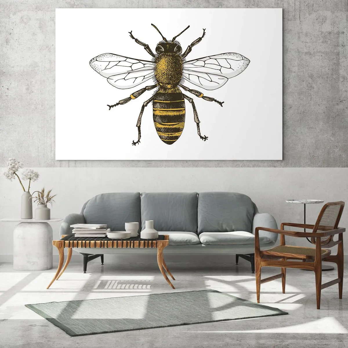 Glasbild - Bild auf glas - Detaillierte Darstellung einer Biene auf weißem Hintergrund - 70x50cm - Schön und gut - Moderne Wanddekoration für Wohnzimmer und Schlafzimmer ARTTOR