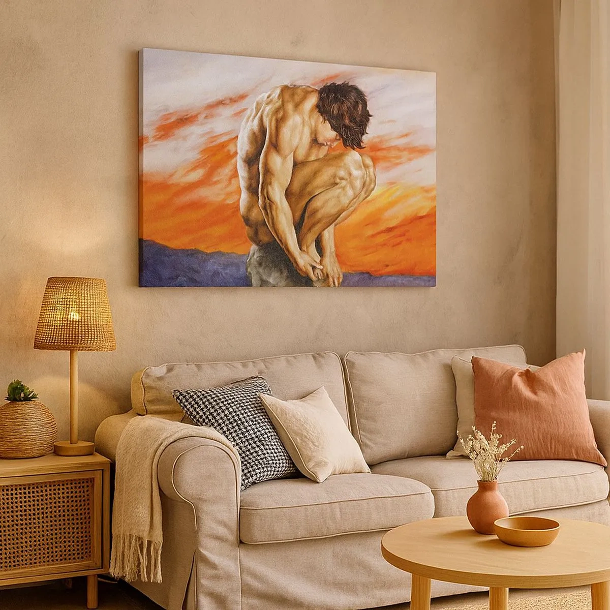 Bild auf Leinwand - Leinwandbild - Ein Mann in Gedanken versunken vor dem Hintergrund eines Sonnenuntergangs - 70x50cm - In sich versunken - Moderne Wanddekoration für Wohnzimmer und Schlafzimmer ARTTOR
