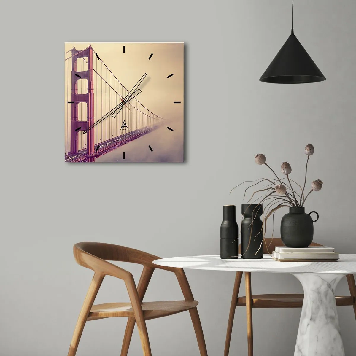 Wanduhr - Glasuhr - Eine Brücke im Nebel in Pastelltönen, ein Symbol für Eleganz und Frieden - 30x30cm - Zwischen Himmel und Erde - Moderne Wanddekoration für Wohnzimmer und Schlafzimmer ARTTOR