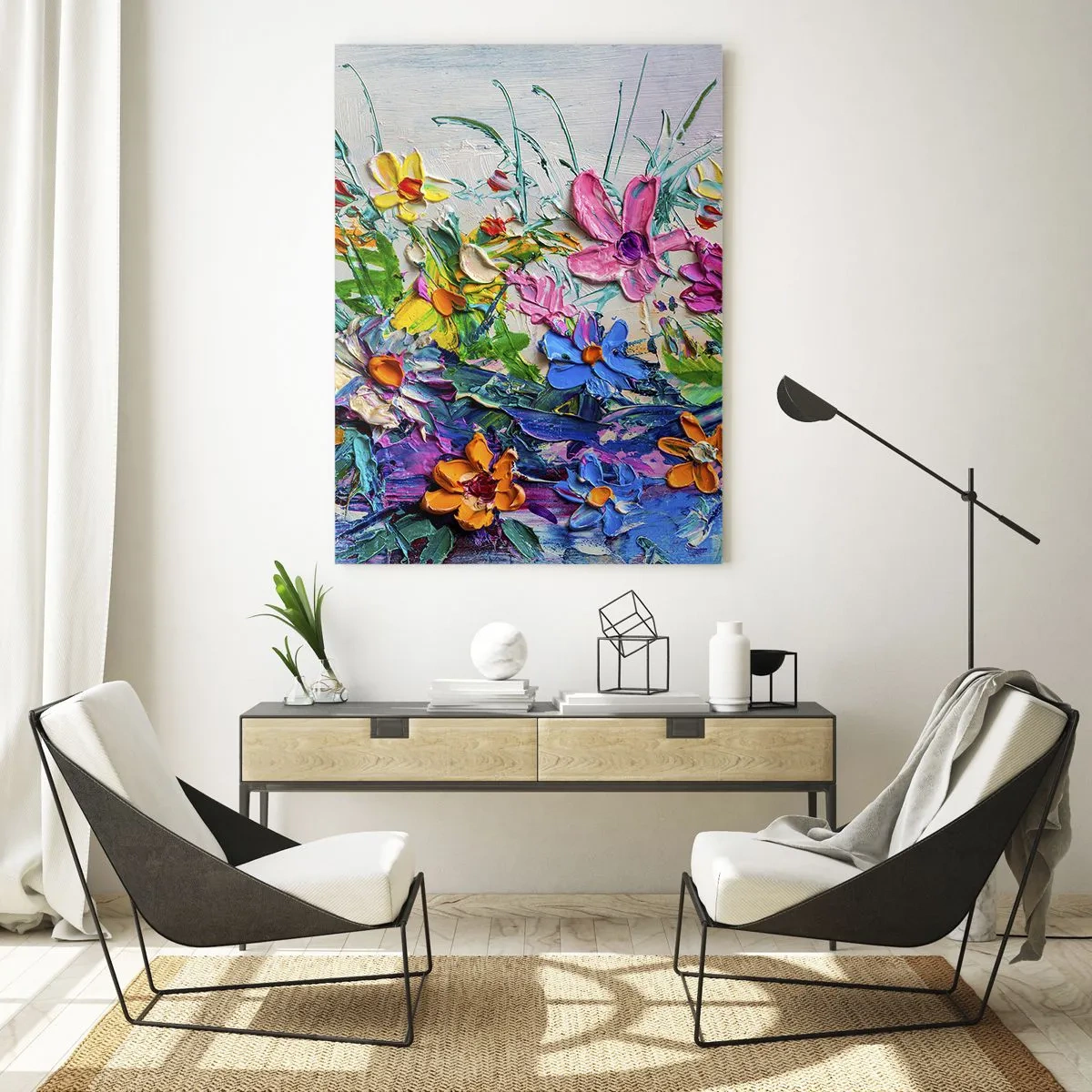 Glasbild - Bild auf glas - Ein farbenfrohes Blumenarrangement im malerischen Stil - 50x70cm - Überhaupt kein Stillleben - Moderne Wanddekoration für Wohnzimmer und Schlafzimmer ARTTOR