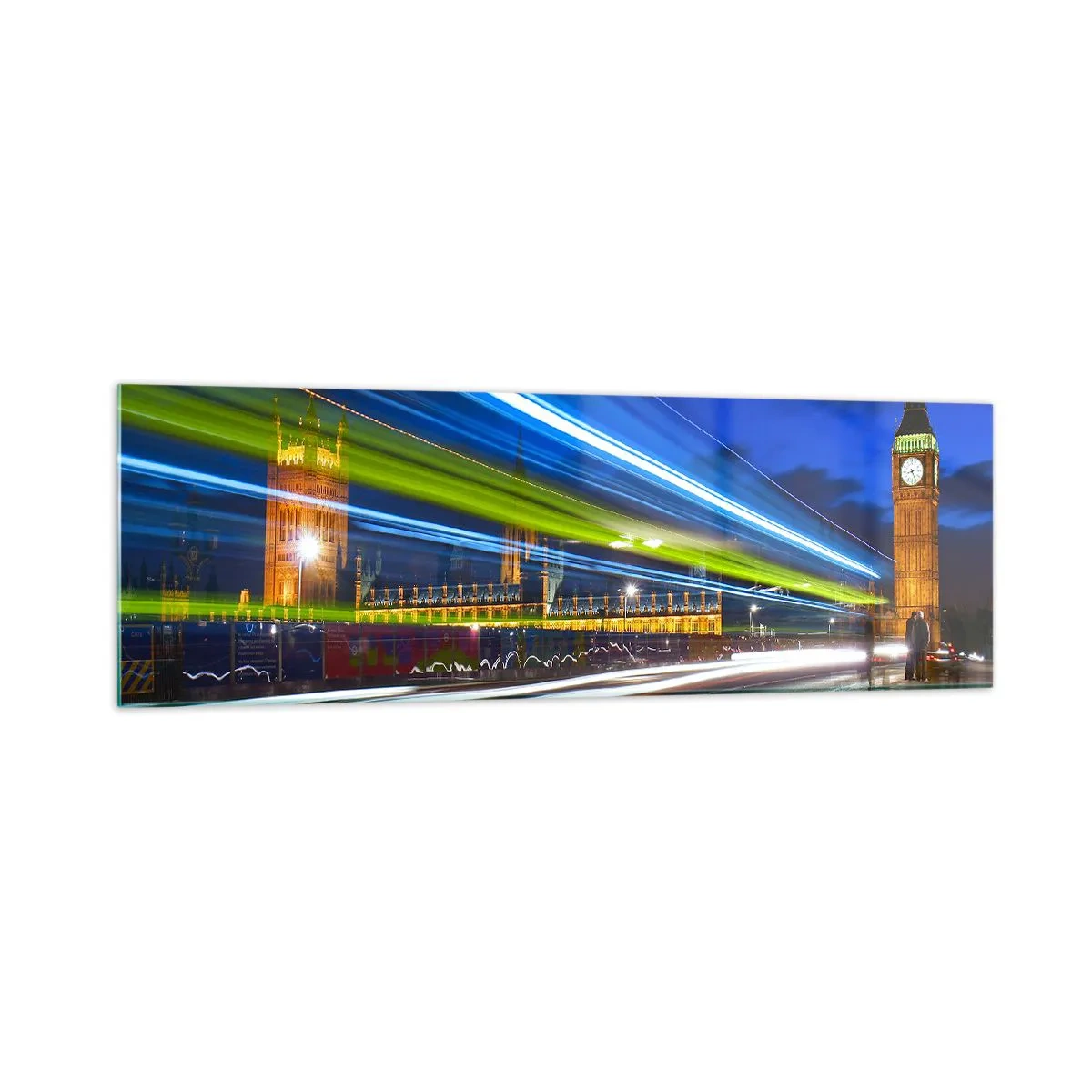 Glasbild - Bild auf glas - Big Ben bei Nacht mit der Wirkung von Lichtern im Straßenverkehr - 160x50cm - Unter den wachsamen Augen von Big Ben - Moderne Wanddekoration für Wohnzimmer und Schlafzimmer ARTTOR