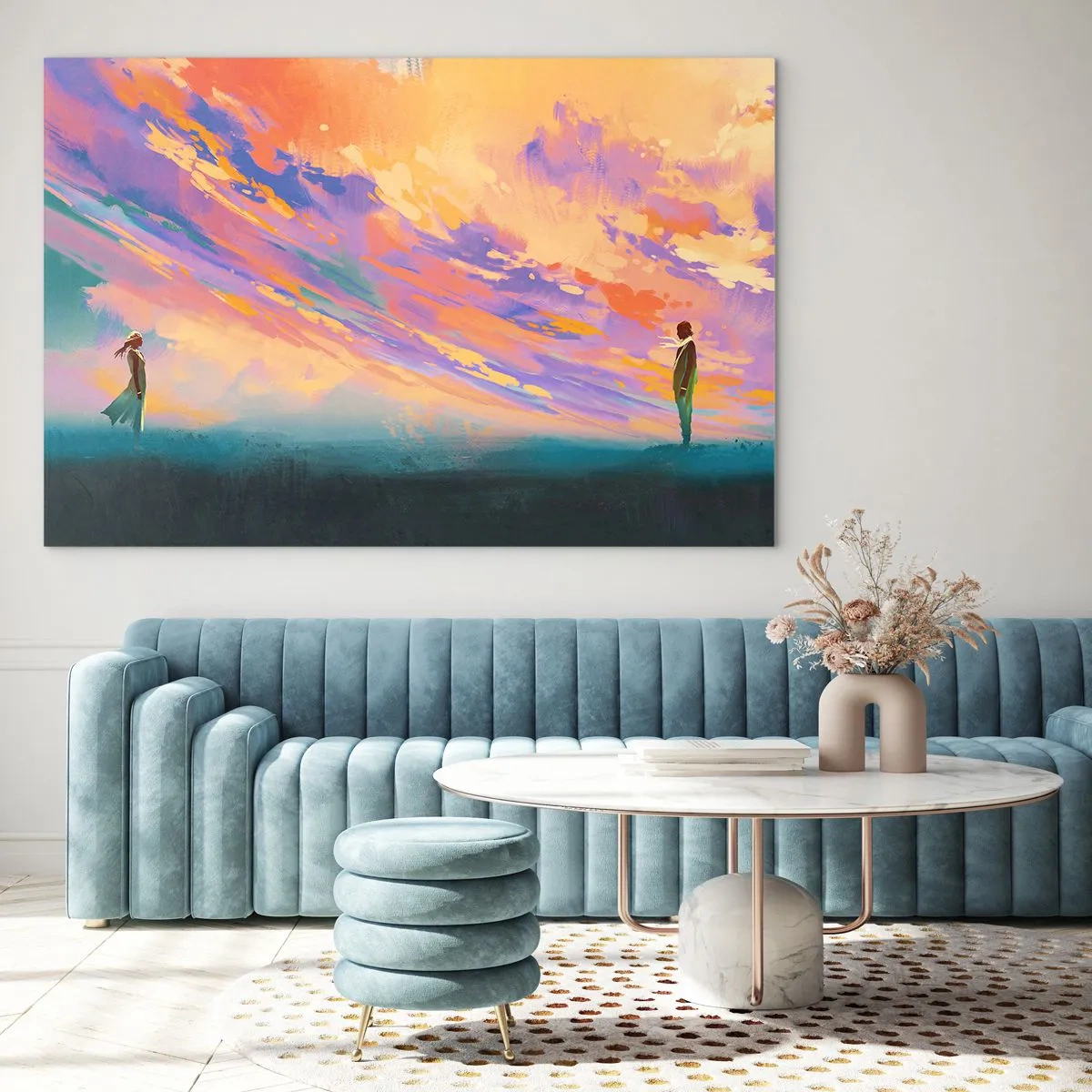 Glasbild - Bild auf glas - Zwei Menschen vor dem Hintergrund eines farbenfrohen Sonnenuntergangshimmels - 70x50cm - Die Anziehungskraft - Moderne Wanddekoration für Wohnzimmer und Schlafzimmer ARTTOR