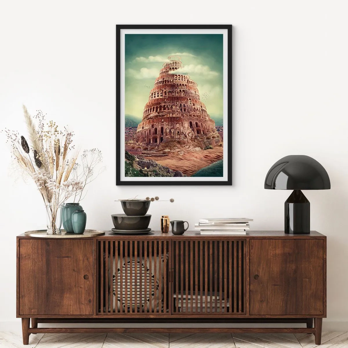 Poster in einem schwarzem Rahmen - Der mythische Turm von Babel in einer malerischen Landschaft - 50x70cm - Turm von Babylon - Moderne Wanddekoration für Wohnzimmer und Schlafzimmer ARTTOR