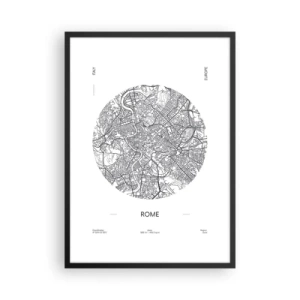 Poster in einem schwarzem Rahmen - Eine minimalistische Karte von Rom in Schwarzweiß. - 50x70cm - Anatomie von Rom - Moderne Wanddekoration für Wohnzimmer und Schlafzimmer ARTTOR
