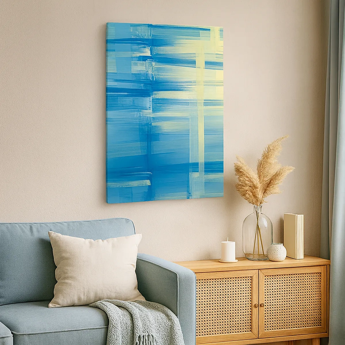 Bild auf Leinwand - Leinwandbild - Ein abstraktes Gemälde in Türkis- und Blautönen mit geometrischen Pinselstrichen. - 50x70cm - Komposition in Türkis - Moderne Wanddekoration für Wohnzimmer und Schlafzimmer ARTTOR