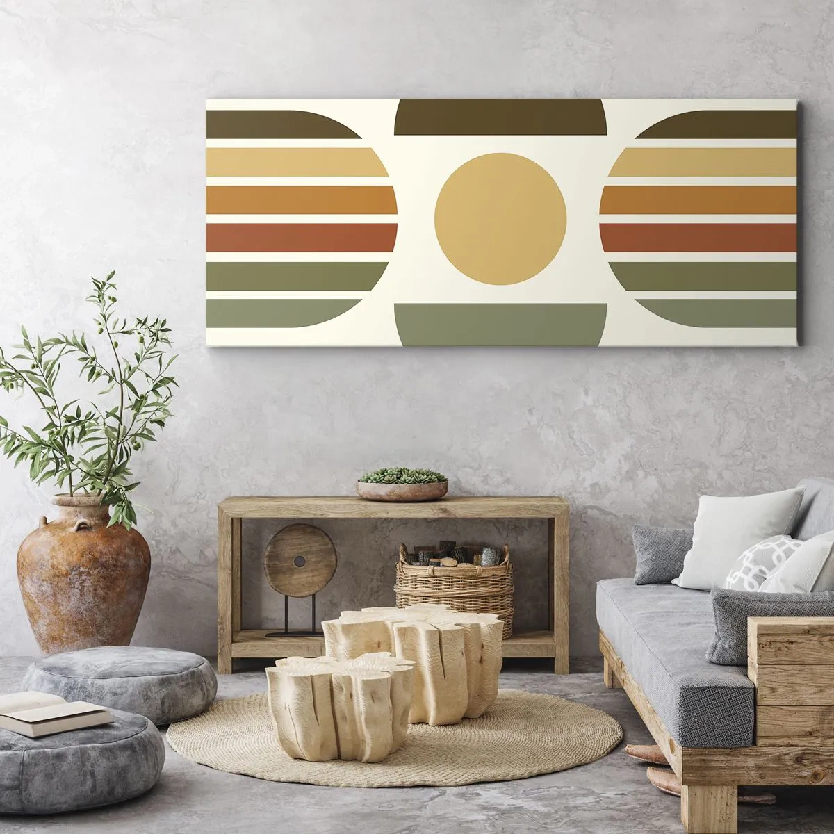 Bild auf Leinwand - Leinwandbild - Geometrische Komposition mit Halbkreisen und Streifen in Erdtönen - 160x50cm - In Erdtönen - Moderne Wanddekoration für Wohnzimmer und Schlafzimmer ARTTOR